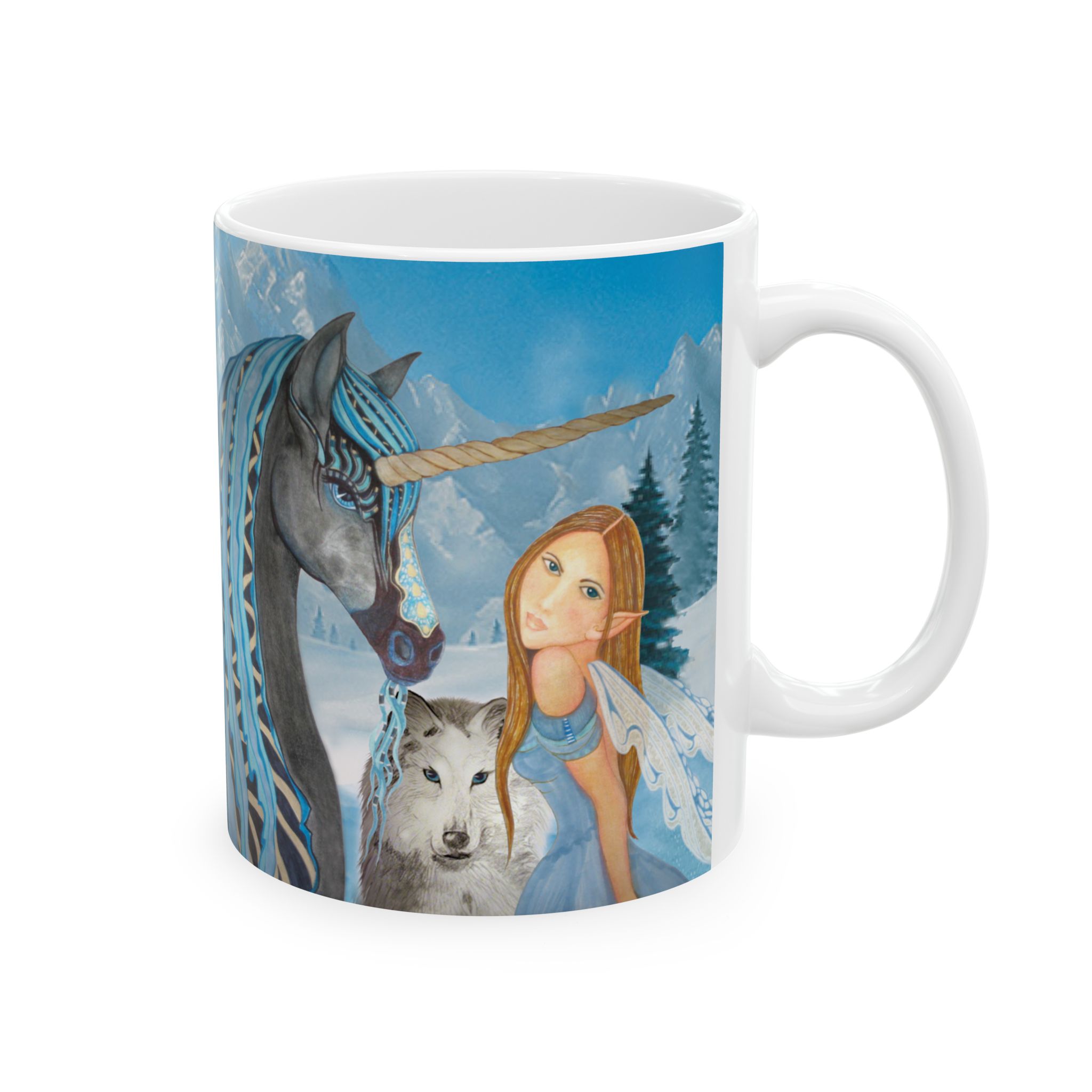 Ceramic Mug — Unicorn, Wolf and Fairy by unicornartist Gina Befera - Image 2