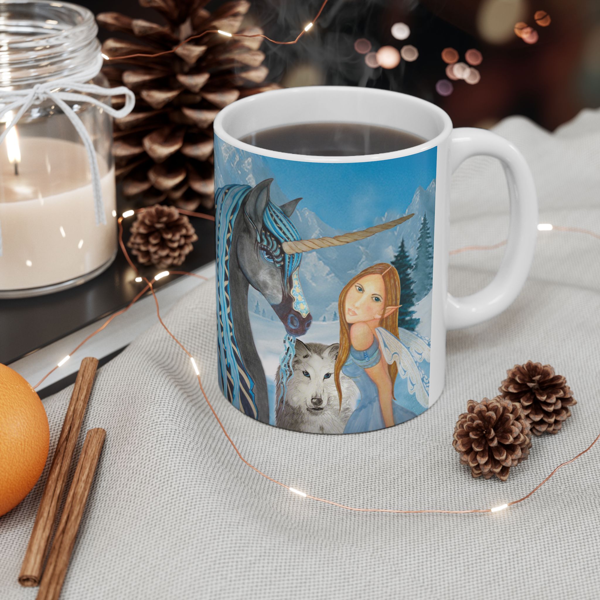 Ceramic Mug — Unicorn, Wolf and Fairy by unicornartist Gina Befera - Image 3