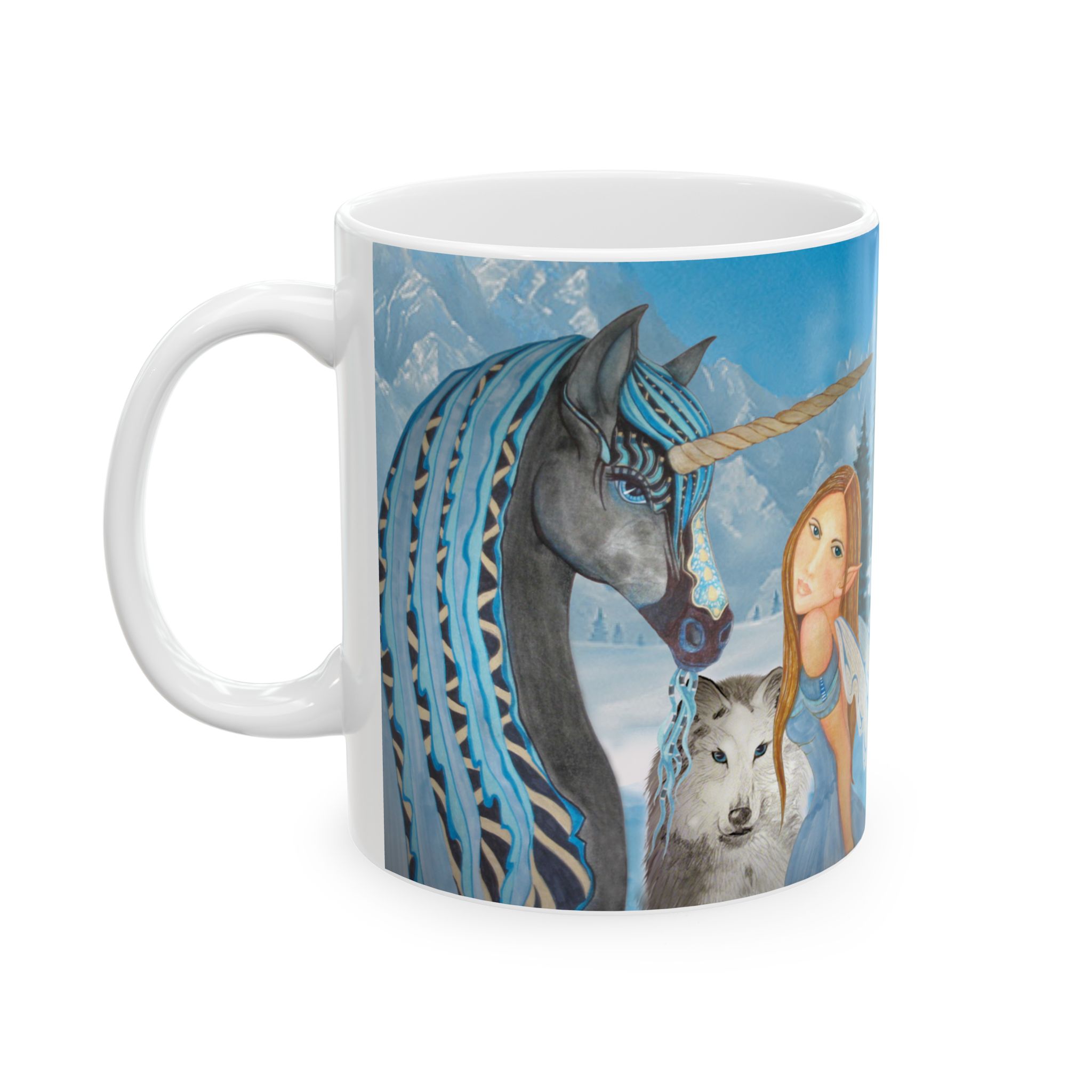 Ceramic Mug — Unicorn, Wolf and Fairy by unicornartist Gina Befera